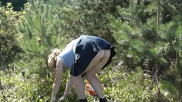 MILF beautiful blonde sexy Frina picks in forest and forgot to wear panties. Without panties. No panties upskirt. Naked in public. Outdoor. Outdoors. Outside