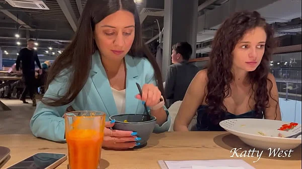 Two shameless chicks have lunch without panties at the mall in public