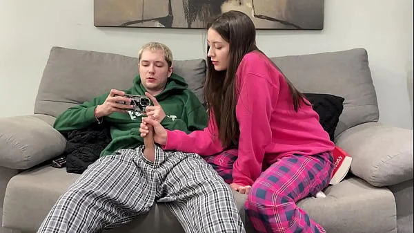 Step Brother Watch Porn and Jerk Off Next To Step Sister! But She Decide Handjob Him Instead Reading Boring Book