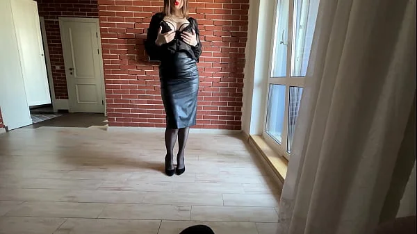 BG. Leather Pencil Skirt. I'm showing you my new leather skirt. I'm wearing one of the leather skirts, stockings and heels, I walk into the room with a bag, as if I bought a new skirt - and I want to show it to my partner, but he's already