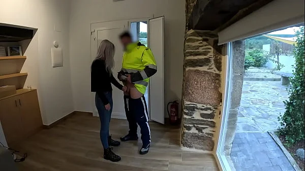 The delivery man comes home and I give him a surprise blowjob