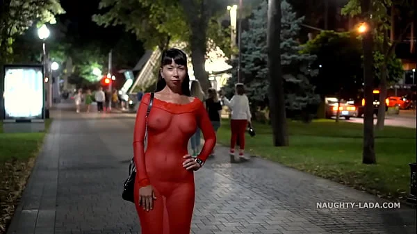 Red transparent dress in public