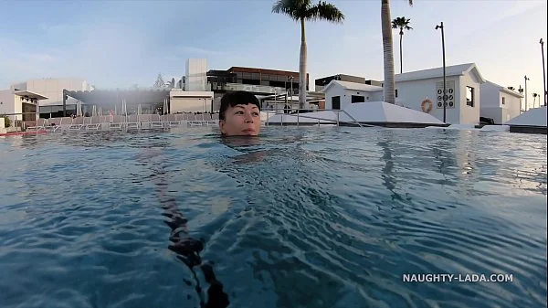 My transparent when wet one piece swimwear in public pool