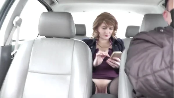 In public under skirt without panties. Taxi driver transports in car in back seat passenger sexy blondy Milf Frina, who forgot to wear panties