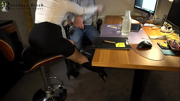 secretary humiliating her boss with hand, blow and bootjob until he pees in his jeans - business-bitch