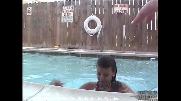 girls skinny dipping in our pool after hot day on the beach